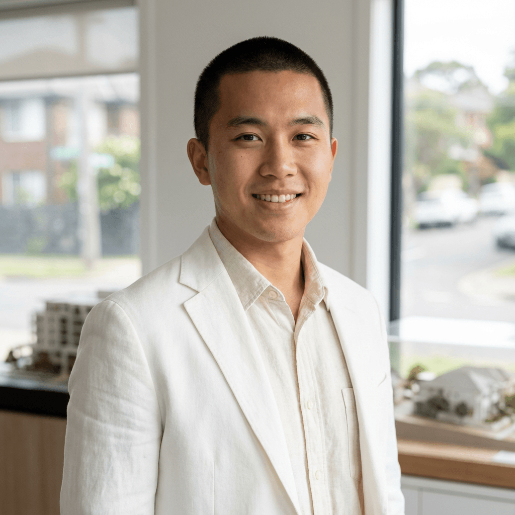 Smiling East Asian man with short hair wearing a white blazer in a bright office.