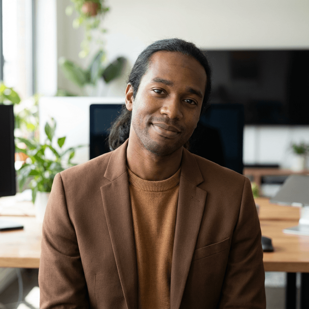 Male customer in his mid 30s, Black, straightforward professional look