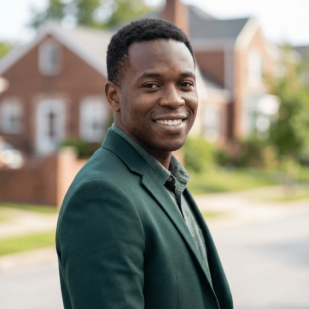 Smiling Black man in a dark green blazer stands in front of blurred brick houses.