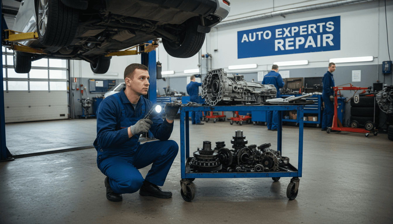 Mechanic inspecting car transmission in a professional repair shop