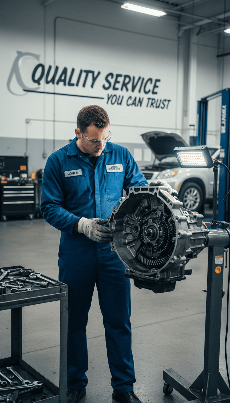 Mechanic inspecting a car transmission in a repair shop