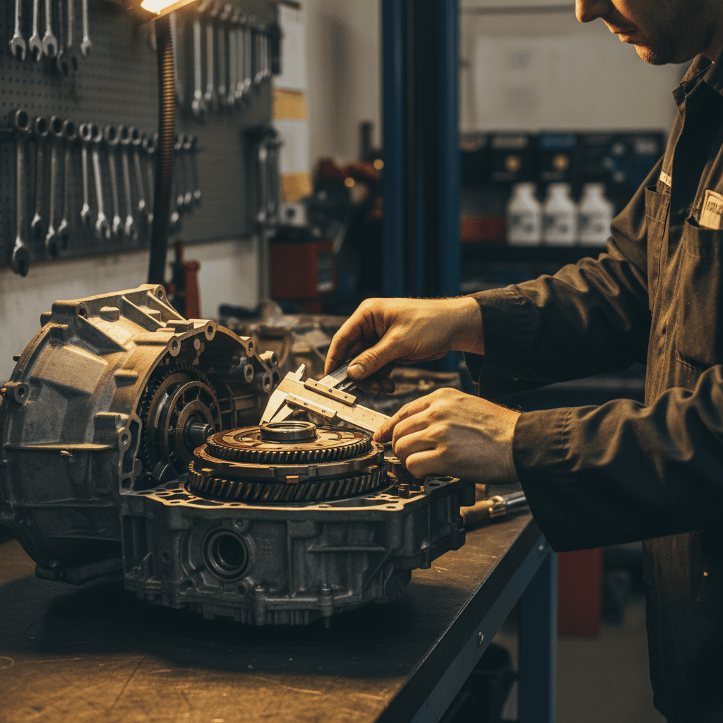 Mechanic inspecting a car transmission in a repair shop