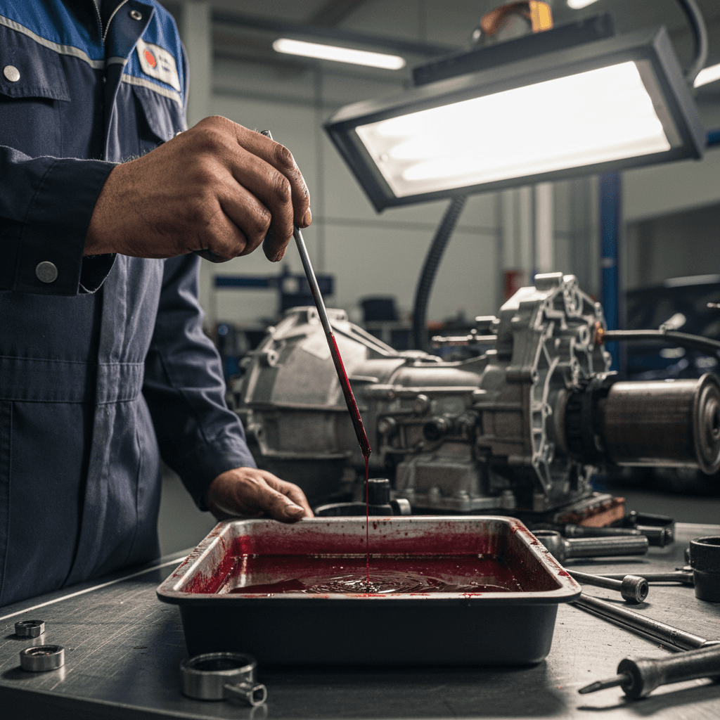 Auto mechanic inspecting a car transmission in a repair shop